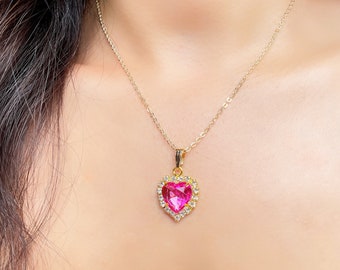 Heart Necklace, Love Necklace, Crystal Necklace, Pink Heart Charm, 14k Gold Plated, Princess, Magical Necklace, Birthday Gift, Pave Heart