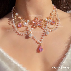 Princess Flower Necklace, Sakura Necklace with Pearls, Big Flower Charm, Fairycore Jewelry, Coquette, Princesscore, Gold Color, Pearl Drops