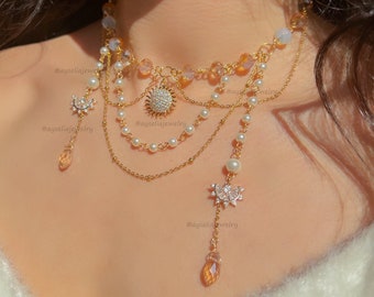 Orange Sun Necklace, Pearl and Crystal Beaded, Fairycore Necklace, Magical, Sun Inspired, Layered Chain, Winx Inspired, Sun Goddess