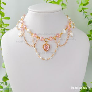 Princess Necklace Pink, Crystal and Pearl Choker, Heart Chain, Heart Pendant, Magical Jewelry, Coquette, Fairycore, Princesscore, Gold Color