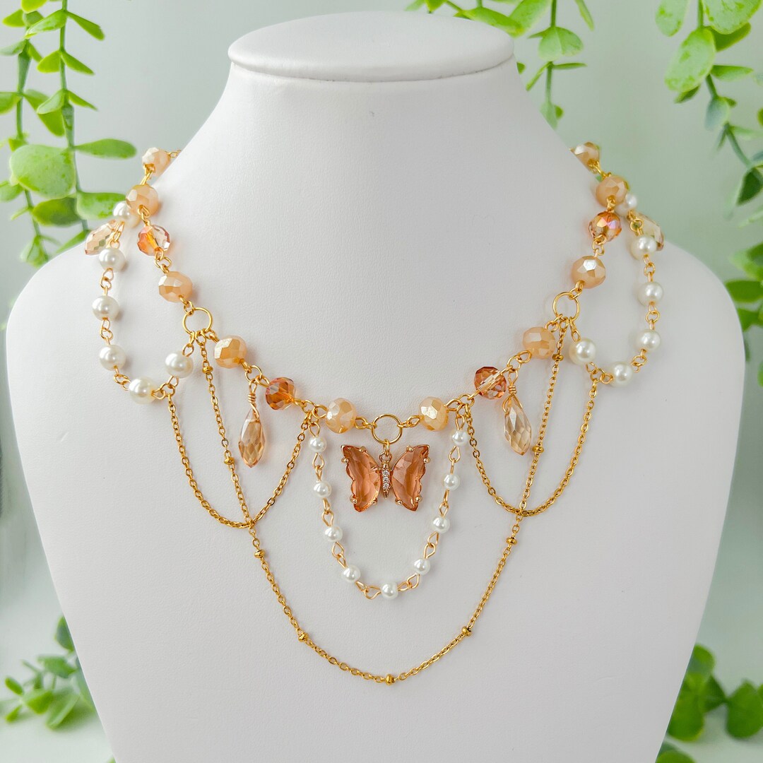 Orange Butterfly Necklace, Pearl and Crystal Beaded, Fairycore Necklace