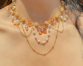 Orange Butterfly Necklace, Pearl and Crystal Beaded, Fairycore Necklace, Magical, Sun Inspired, Layered Chain and Pearls, Grunge Fairycore