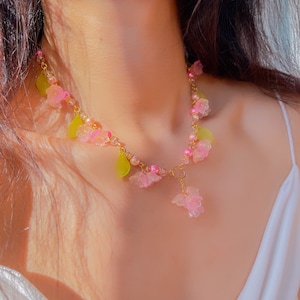 Fairy Necklace, Flower Garden, Lily of the Valley, Necklace and Bracelet Set, Colorful Flower, Fairycore, Cottagecore, Aesthetic, Magical pink & orange