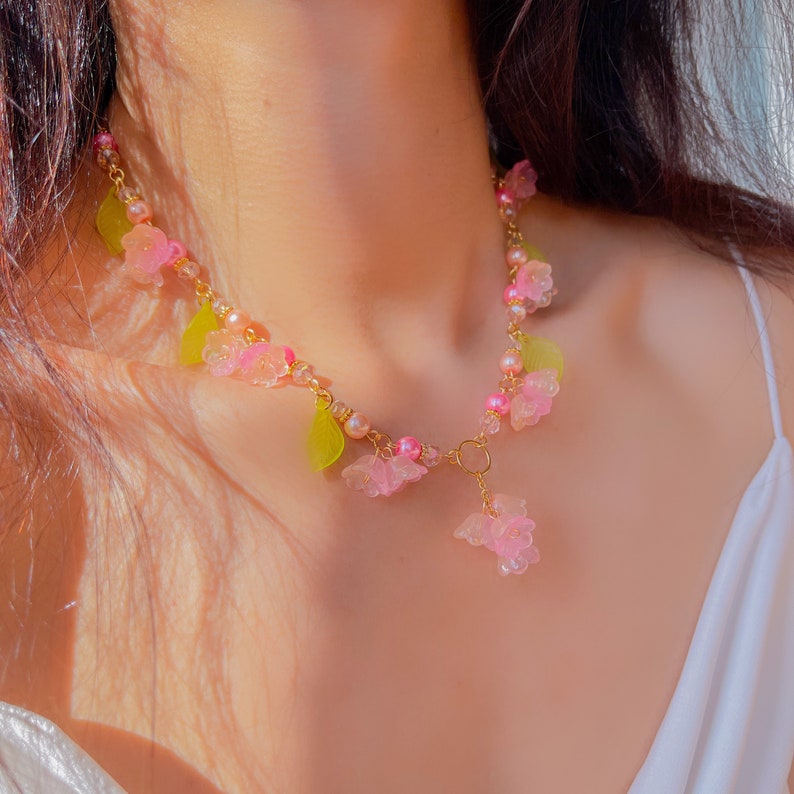 Fairy Necklace, Flower Garden, Lily of the Valley, Necklace and Bracelet Set, Colorful Flower, Fairycore, Cottagecore, Aesthetic, Magical pink & orange