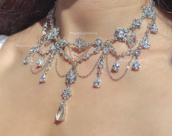 Bridal Necklace White & Silver Jewelry Set, Royalcore Necklace, Maximalist Style, Necklace and Earrings Set, Princess, Regency