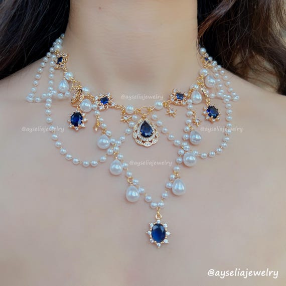 [韓国人気ジュエリー] [silver925] luna pearl necklace-blue Aquamarine and Pearl Necklace | Landing Company
