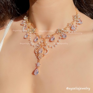 Royalcore Bridal Necklace, Bridgerton Jewelry, Bride Jewelry, Gold Charm Necklace, Light Blue Charm, Regency Necklace, Prom Necklace, Pearl