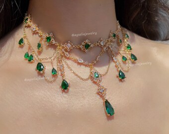 Set De Bijoux De Mariée En Or - Collier Et Boucles D'oreilles Pendantes Avec Cristal émeraude/vert - Pour Bal, Soirée, Mariage