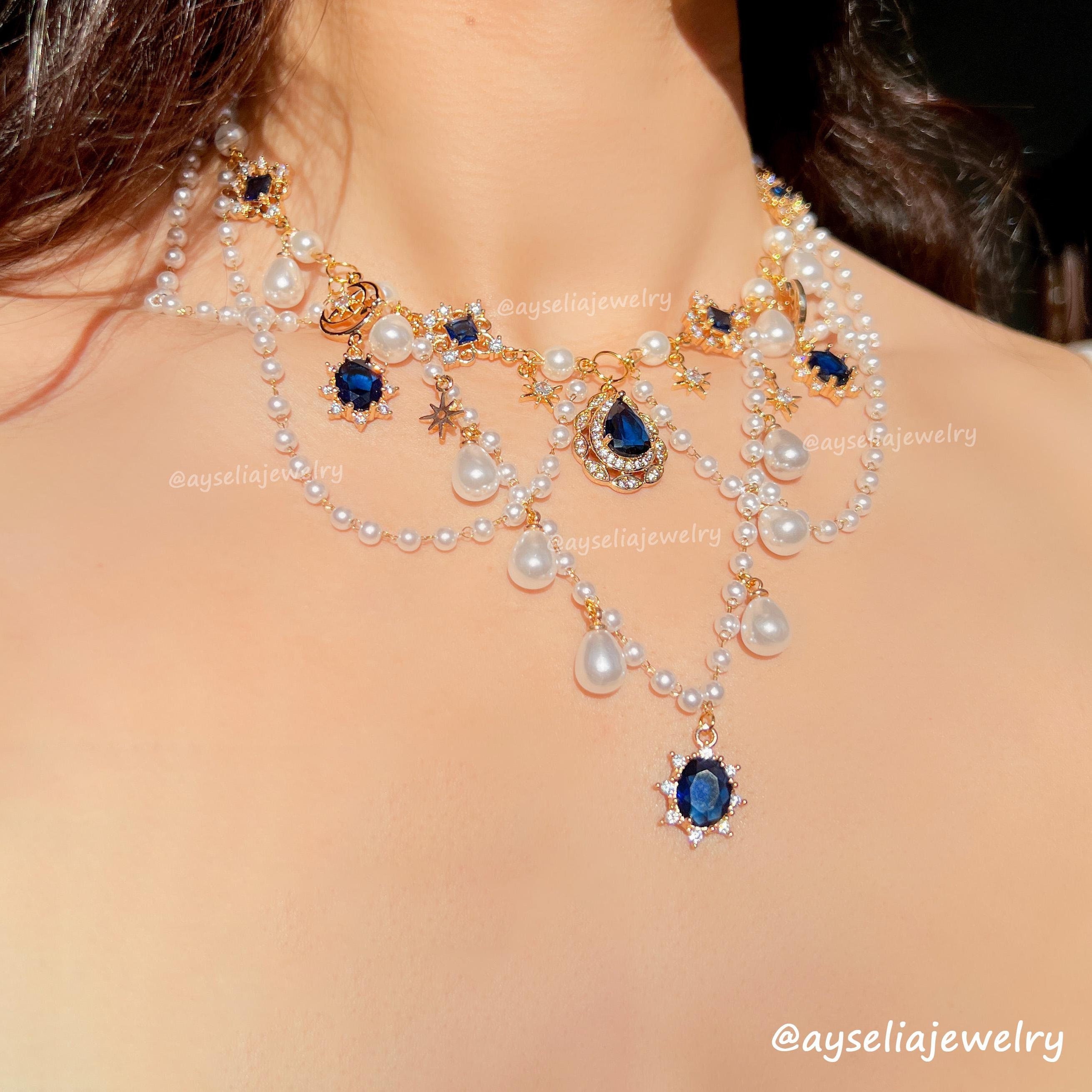 [韓国人気ジュエリー] [silver925] luna pearl necklace-blue Silvery Fashion Moon Star Pendant Necklace Collarbone Chain