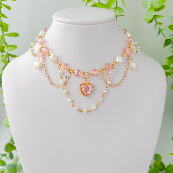 Princess Necklace Pink, Crystal and Pearl Choker, Heart Chain, Heart Pendant, Magical Jewelry, Coquette, Fairycore, Princesscore, Gold Color