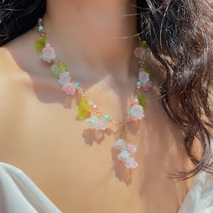 Fairy Necklace, Flower Garden, Lily of the Valley, Necklace and Bracelet Set, Colorful Flower, Fairycore, Cottagecore, Aesthetic, Magical pink & blue