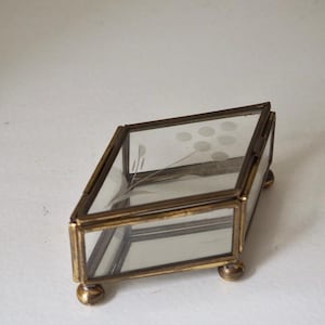Glass Trinket Box with Etched Lid | Vintage Brass Jewelry Box | Mirrored Footed Display Box