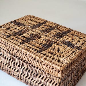 May include: A rectangular woven basket with a lid. The basket is made of natural-colored and dark brown woven material. The lid features a darker brown pattern. The basket is likely used for storage or decoration.
