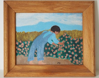 Original Oil Painting of Boy Picking Flowers