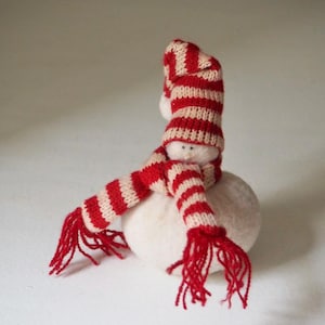 May include: A handmade snowman figure with a red and white striped knit hat and scarf. The scarf has red fringe. The snowman is sitting on a white, round base. The figure is a festive decoration.