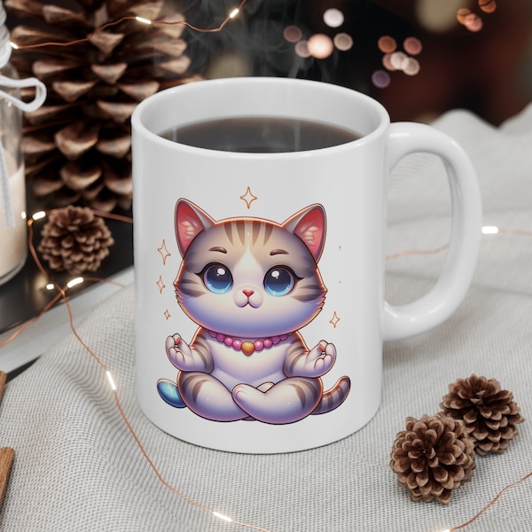 Meditating Cat Mug Funny Meditation Coffee Cup Best Mother's Day/Birthday Gift Best for Cat Lovers Best birthday gift for Buddhist 11 oz.