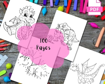May include: A digital collection of 100 pages featuring black and white line art illustrations of dragons and dinosaurs. The pages include dot-to-dot activities and dot marker designs, presented as a PDF file for printing and creative colouring activities.