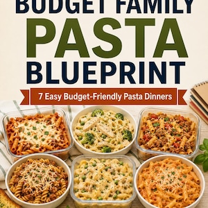Puede incluir: Un libro de cocina titulado The Budget Family Pasta Blueprint: 7 Easy Budget-Friendly Pasta Dinners por Valencia Armijo. La portada muestra seis cuencos y recipientes de vidrio llenos de varios platos de pasta, incluyendo salsa de carne, brócoli cremoso y queso.