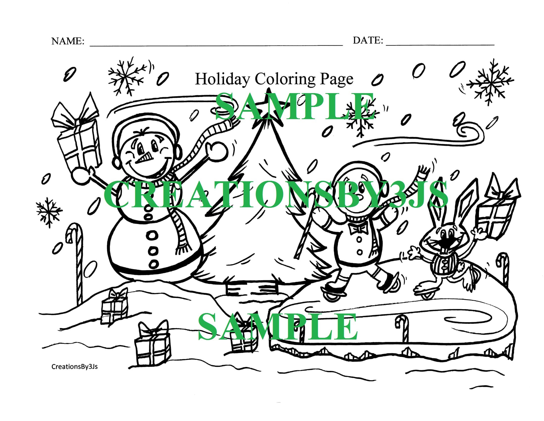 Holiday Coloring Page/Ice Skating/Snowman/Gingerbread Boy/Christmas Bunny/Gifts/Candy Canes/Christmas Tree/Winter/Holiday Coloring Activity