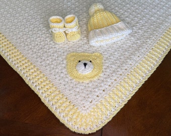 Gehäkelte Babydecke, Mütze und Beute, Baby-Duschegeschenk, Bärndecke, gelbe und weiße Babydecke, neugeborene Babybooties, Neugeborenenmütze