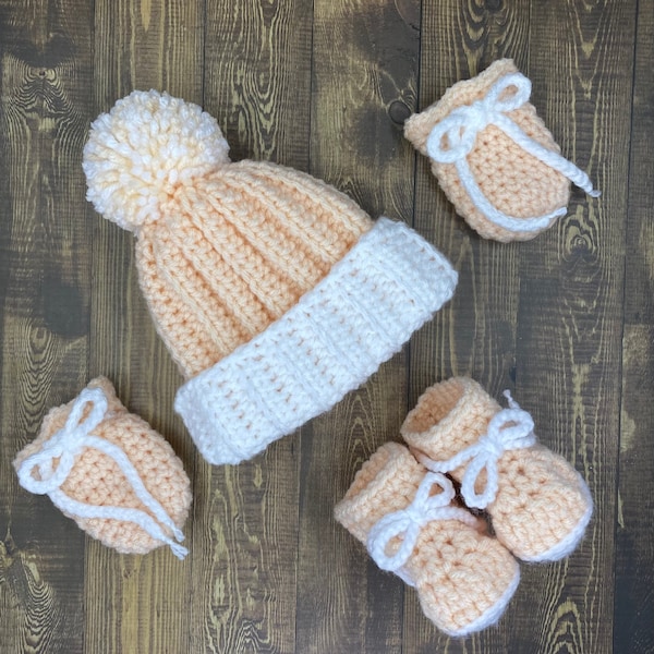 Baby girl beanie, booty and mitten set, Baby shower gift, Crochet newborn hat, booty, mitten, Handmade girl hat, booty and mitten,winter hat