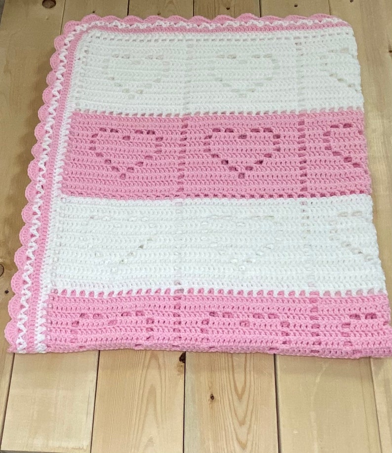 Crochet Baby Blanket With Pink and White Hearts, Baby Shower Gift