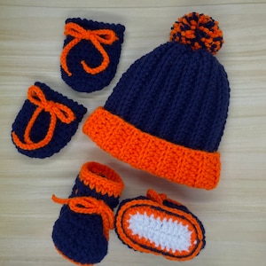 Bronco sport team colors baby beanie, booty and mitten set, newborn booties, newborn mittens, baby hat, baby shower gift, baby booties, hat