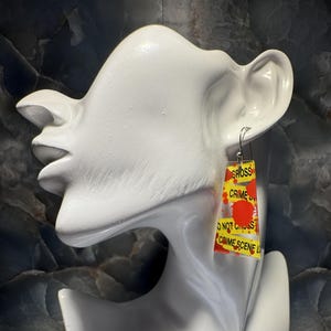 Crime Scene Chic – Acrylic Dangle Earrings with ‘Do Not Cross’ Tape Design, Quirky Statement Jewelry for True Crime Fans