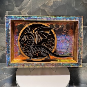 Fantasy Dragon Shadow Box Wall Art – Layered Wood Design on Translucent Acrylic, Mythical Home Décor Gift