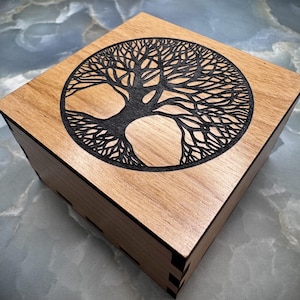 Cherry Wood Keepsake Box with Laser Engraved Tree of Life – Celtic Storage Box for Jewelry, Trinkets, or Gifts