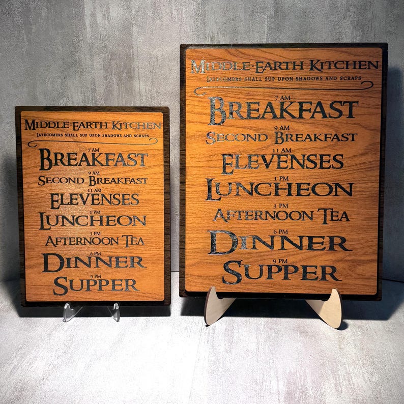 Wood Wall Plaque with Lord of the Rings Inspired Hobbit Meal Times | Rustic Middle Earth Kitchen Decor | NEW - 2 SIZES AVAILABLE