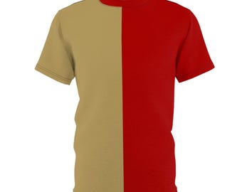 Half rood en half goud teamspirit-shirt gesplitst T-shirt volwassen tweekleurig half-om-half shirt