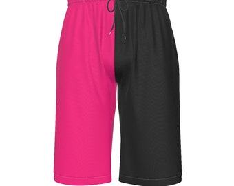 Black and Hot Pink Two Color Split Men's Over-The-Knee Shorts