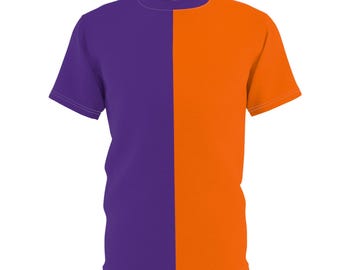 Half paars, half oranje teamspirit shirt gesplitst T-shirt volwassen tweekleurig half en half shirt teamkleur shirt achterklep kleding