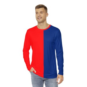 May include: A long-sleeved shirt with a vertical split design. The left side of the shirt is red, and the right side is blue.