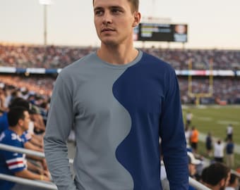 Golvend shirt met lange mouwen en splitkleuren, halfblauw en halfgrijs Team Game Day-shirt