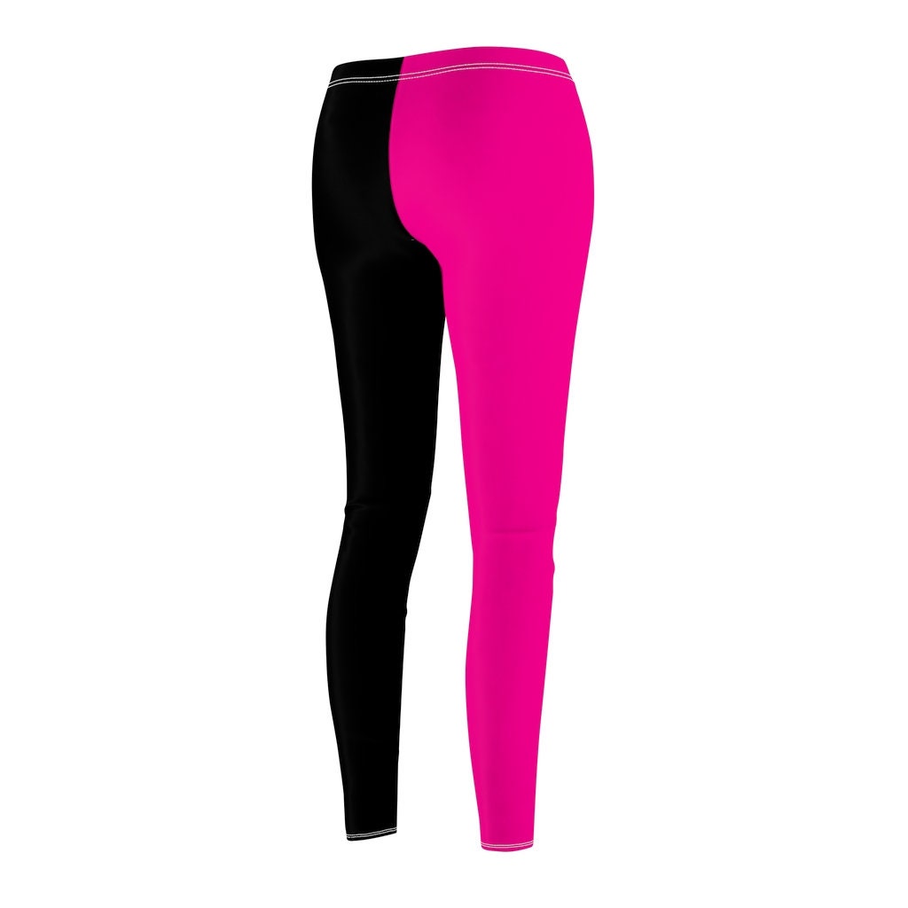 Black & Hot Pink Split Women's Casual Leggings Half and Half Two Tone 