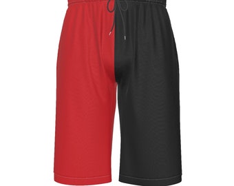 Black and Red Two Color Split Men's Over-The-Knee Shorts