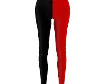 Damen Leggings Schwarz & Rot Split Halb und Hälfte, zweifarbige Leggings