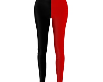 Damen Leggings Schwarz & Rot Split Halb und Hälfte, zweifarbige Leggings