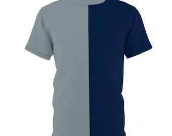 Blauw en zilver teamkleding fanshirt gesplitst T-shirt volwassen tweekleurig half-om-half