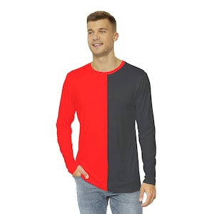 Könnte beinhalten: Ein Langarmshirt mit einem vertikalen Split-Design. Die linke Seite des Shirts ist rot, die rechte Seite ist schwarz.