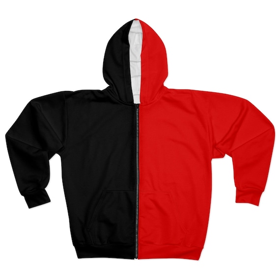 Sudadera con capucha y cremallera bicolor dividida mitad y mitad unisex con bolsillo