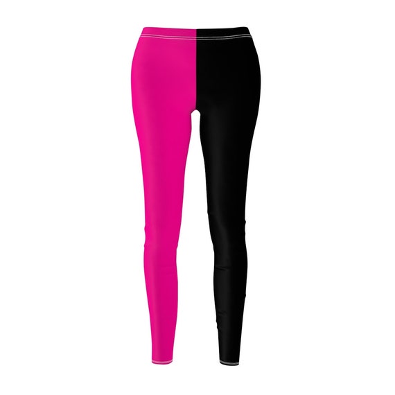 Black & Hot Pink Split Women's Casual Leggings Half and Half Two