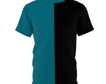 Team Spirit, half groenblauw en half zwart gespleten T-shirt voor volwassenen, tweekleurig, half en half