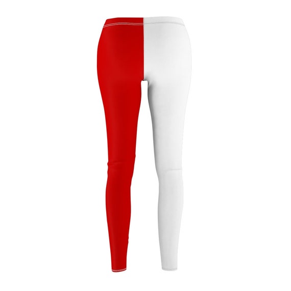 Women's Leggings White & Red Split Half and Half, Two Tone 