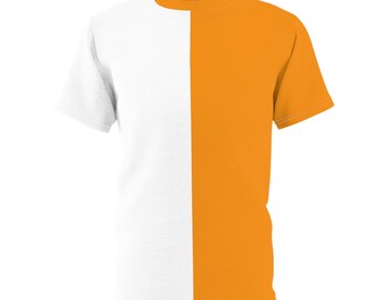Hälften vit och hälften orange skjorta