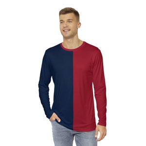 Könnte beinhalten: Ein Langarmshirt mit einem vertikalen Split-Design. Die linke Seite ist marineblau und die rechte Seite ist burgunderrot.