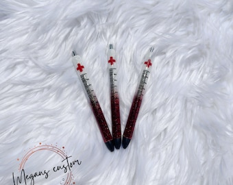 Nurse Syringe Glitter Epoxy Pen Red and White Ombre | Handmade Medical Theme Gift | Unique Resin Nurse Pen | Custom Nurse Stationery