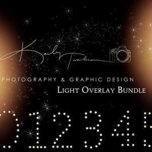 May include: A black background with a white camera icon and the text "PHOTOGRAPHY & GRAPHIC DESIGN LIGHT OVERLAY BUNDLE" in white. The numbers 02345 are displayed in white with a white circle around each number.